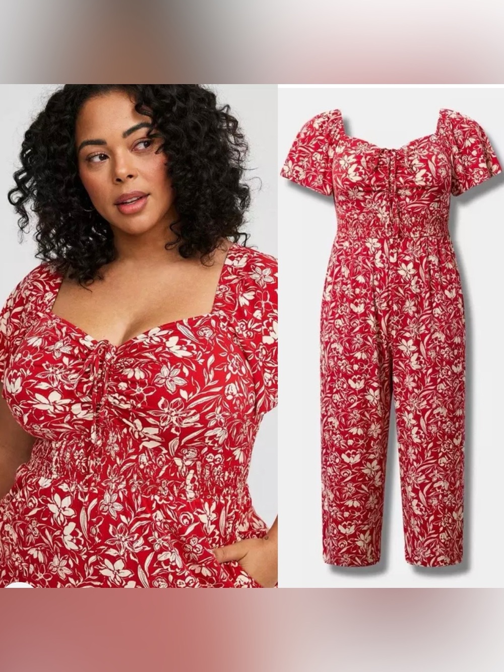 Torrid Red Floral Square-Neck Cropped Jumpsuit - Picture 2 of 5